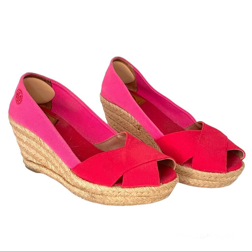 Tory Burch Filipa Colorblock Espadrilles Red Pink Canvas Peep Toe Wedge Platform